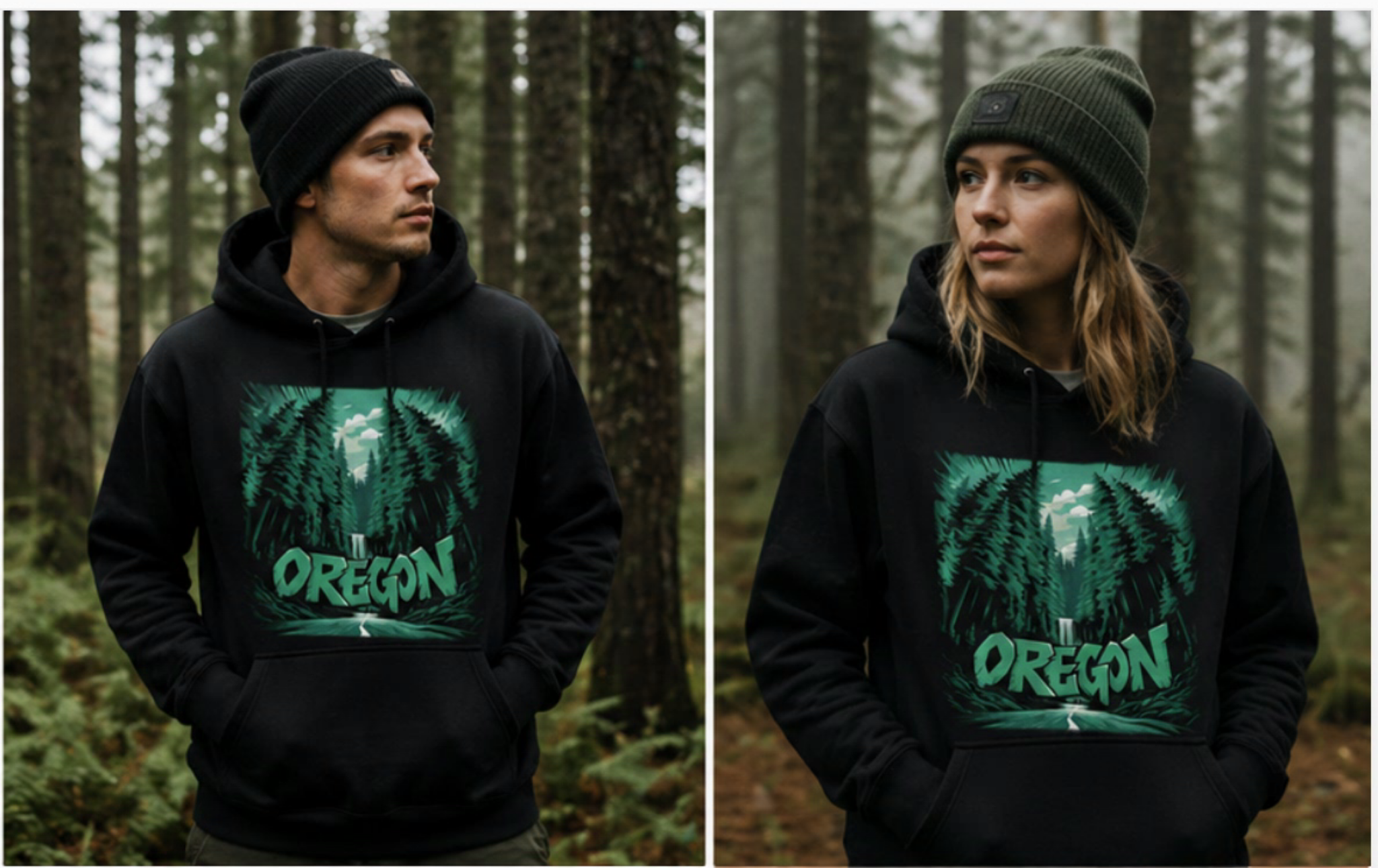 Male and female wearing Oregon hoodie in forest