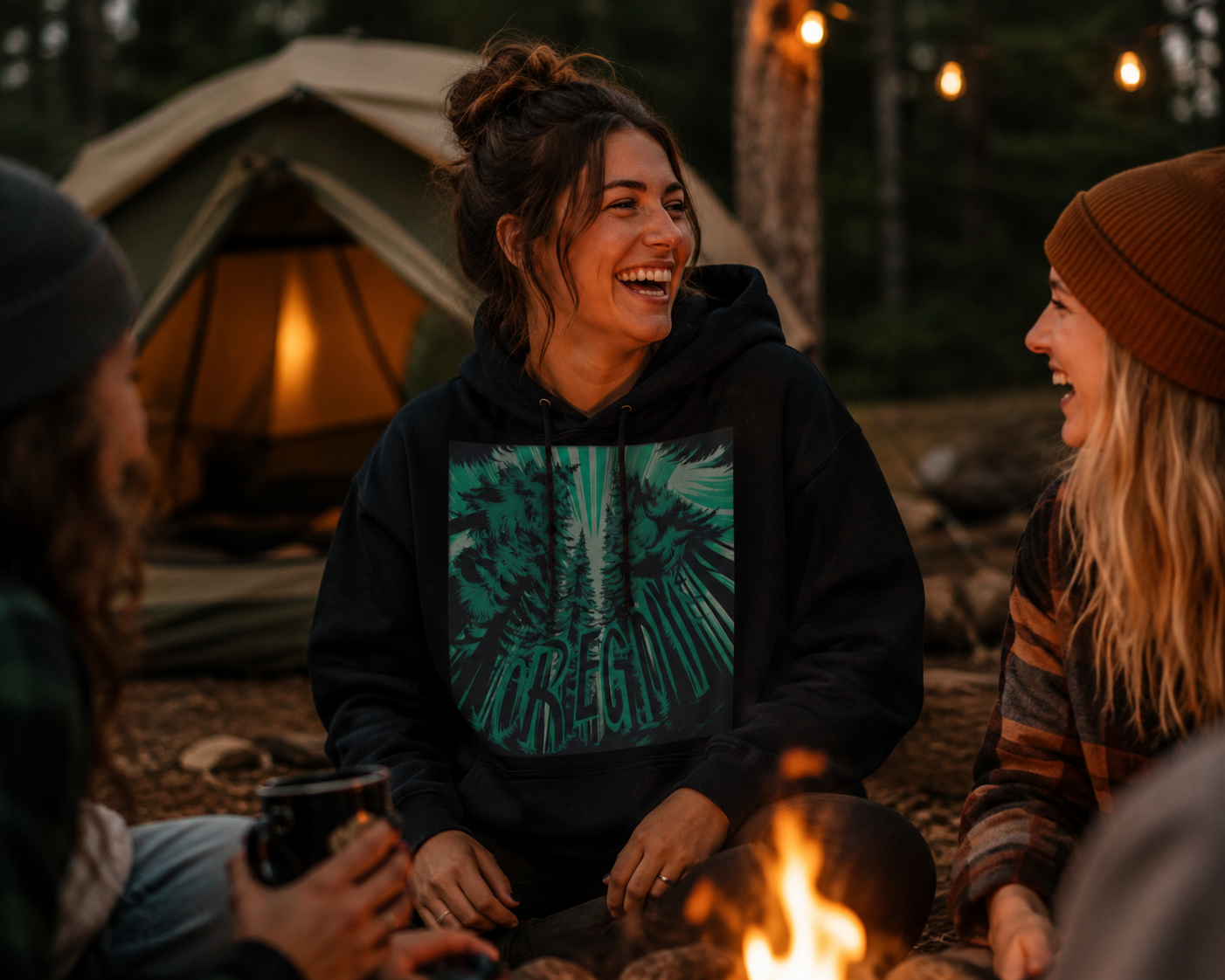 Priority Press hoodie at campsite
